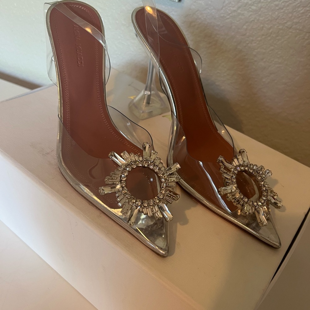 Amina Muaddi Pointed Toe Heels with Crystal Brooch